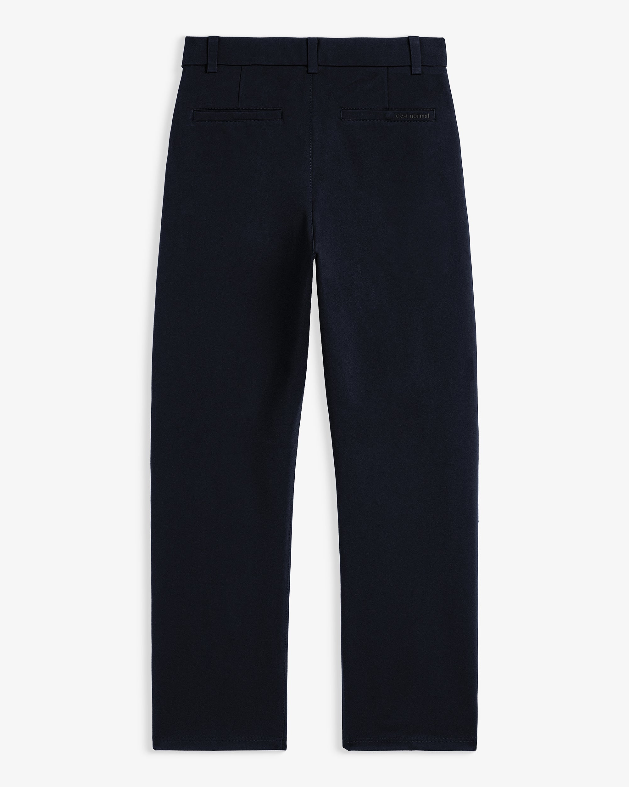 The Proper Pant Classic Straight Fit in navy — laid flat showing the back pockets