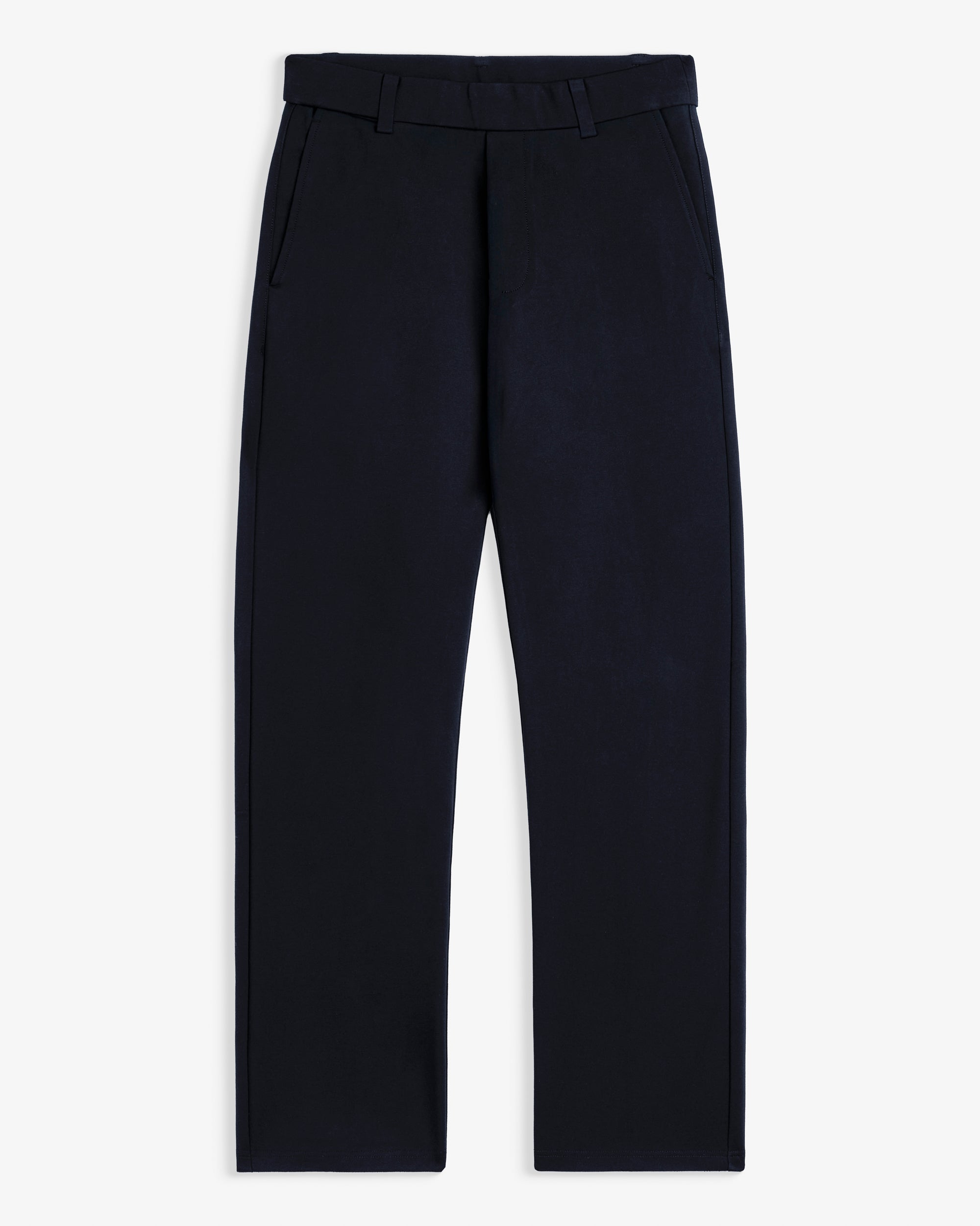 The Proper Pant Relaxed Straight Fit in navy — front view laid flat