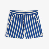 A front view of The Shorts in a nautical stripe pattern, laid flat on a white background. The image highlights the blue and white vertical stripes, elasticated waistband with a drawstring, two side pockets, and notched hems.