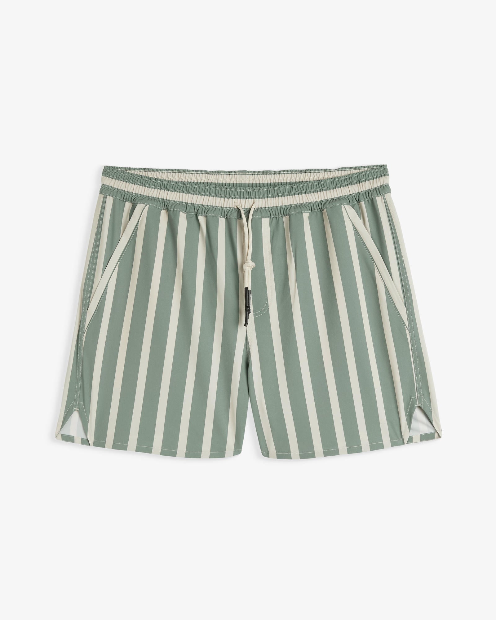 The Shorts in Lombok Stripe — front view with green and white vertical stripes