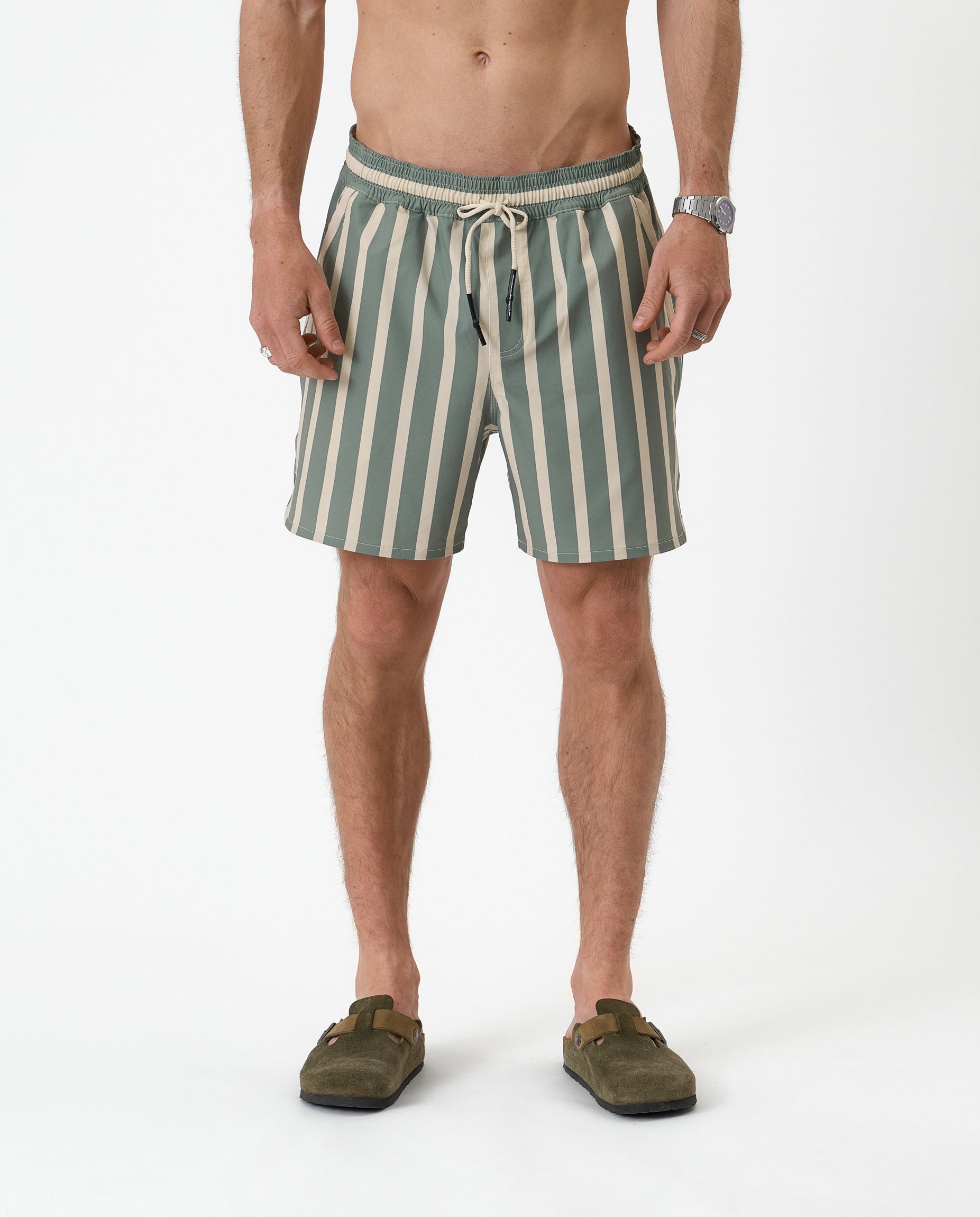 The Shorts in Lombok Stripe — featuring vertical green and beige stripes