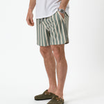 The Shorts in Lombok Stripe — worn with a white t-shirt and olive green clogs