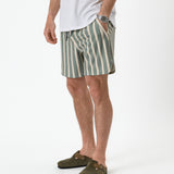 The Shorts in Lombok Stripe — worn with a white t-shirt and olive green clogs