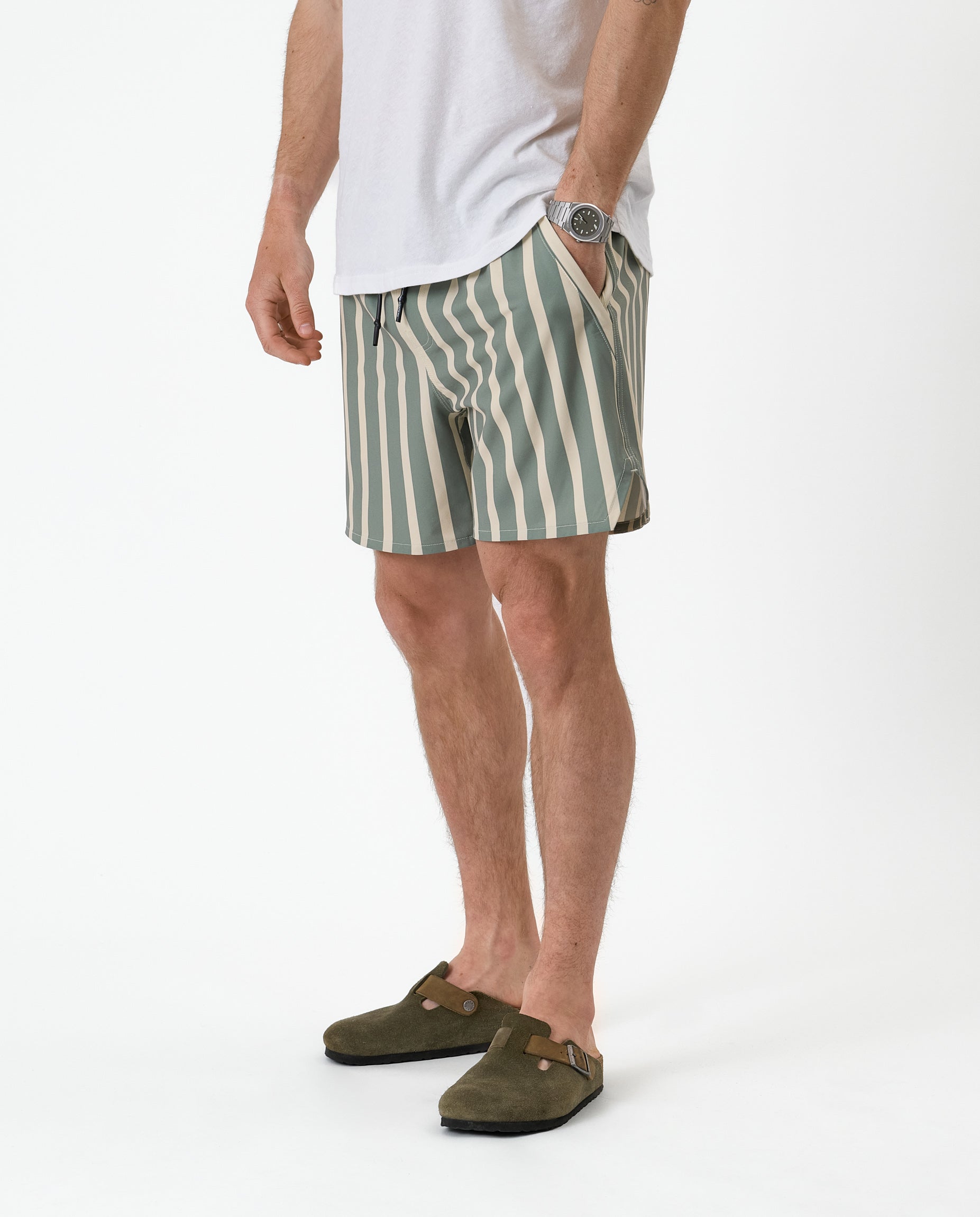 The Shorts in Lombok Stripe — worn with a white t-shirt and olive green clogs