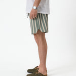 The Shorts in Lombok Stripe — side view showing the notched hem and vertical stripes