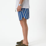 The Shorts in nautical stripe — side view showing the curved notched hem