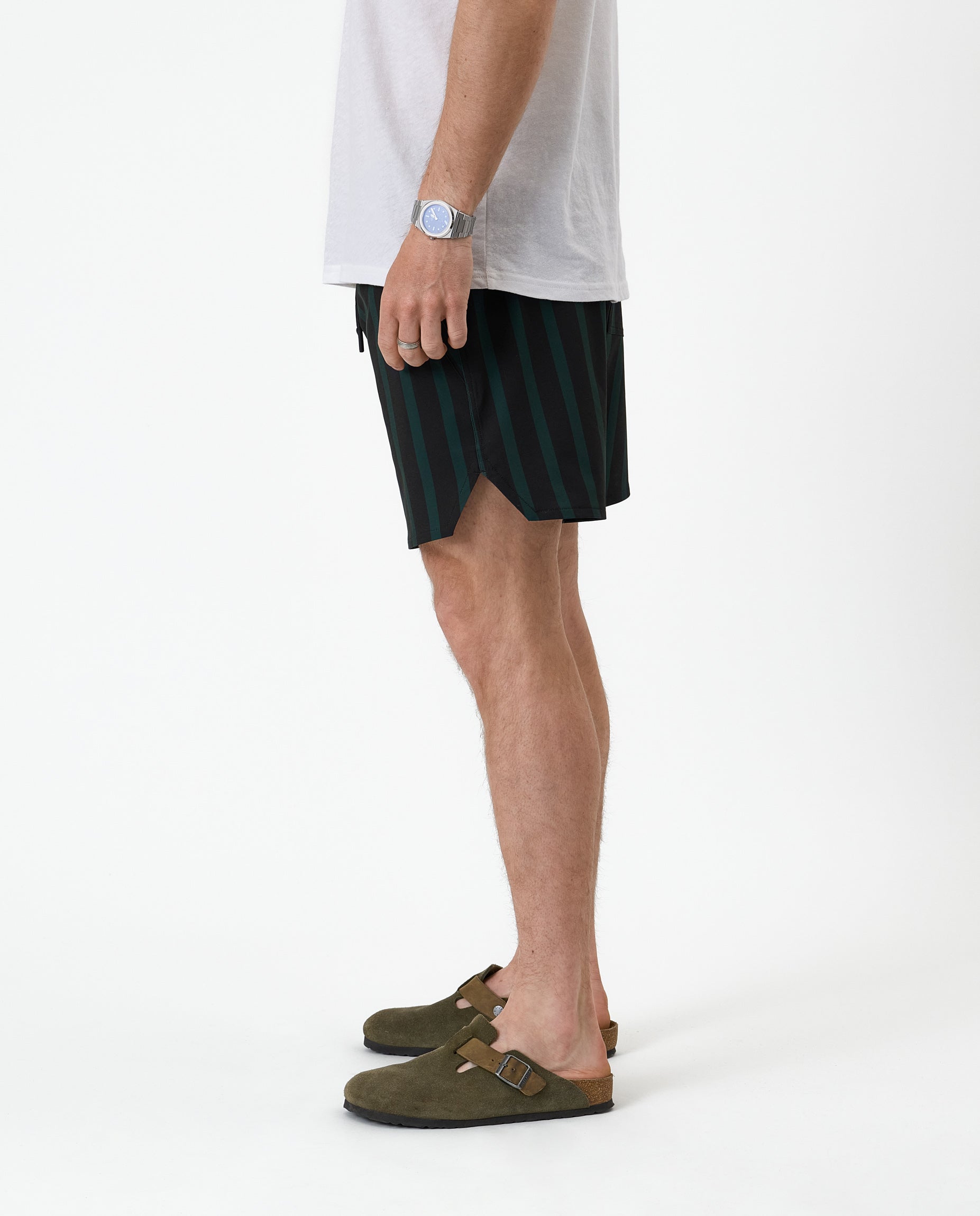 The Shorts in Phantom Stripe — side profile showing the vertical stripes and notched hem