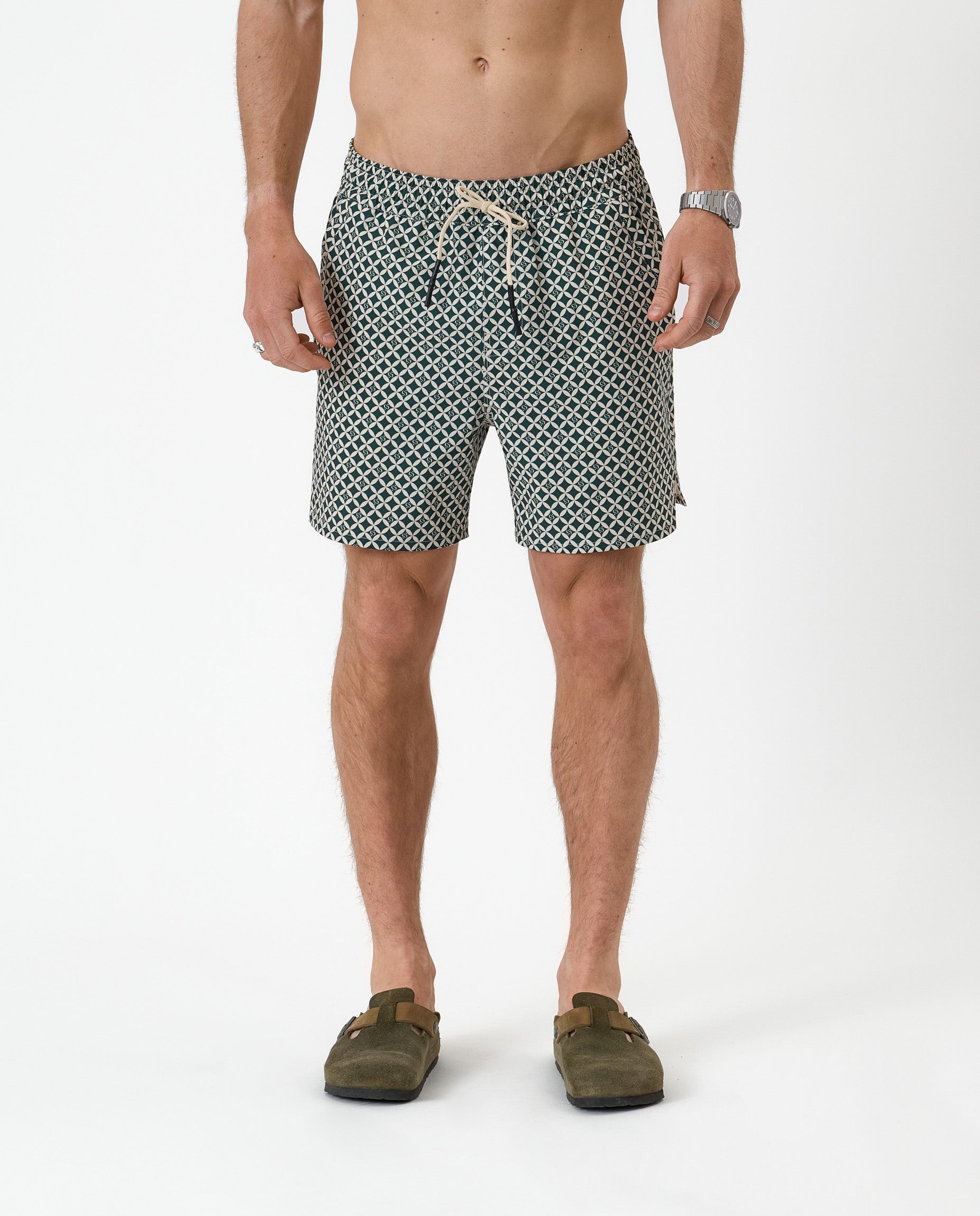 The Shorts in tile — front view featuring a geometric pattern and drawstring