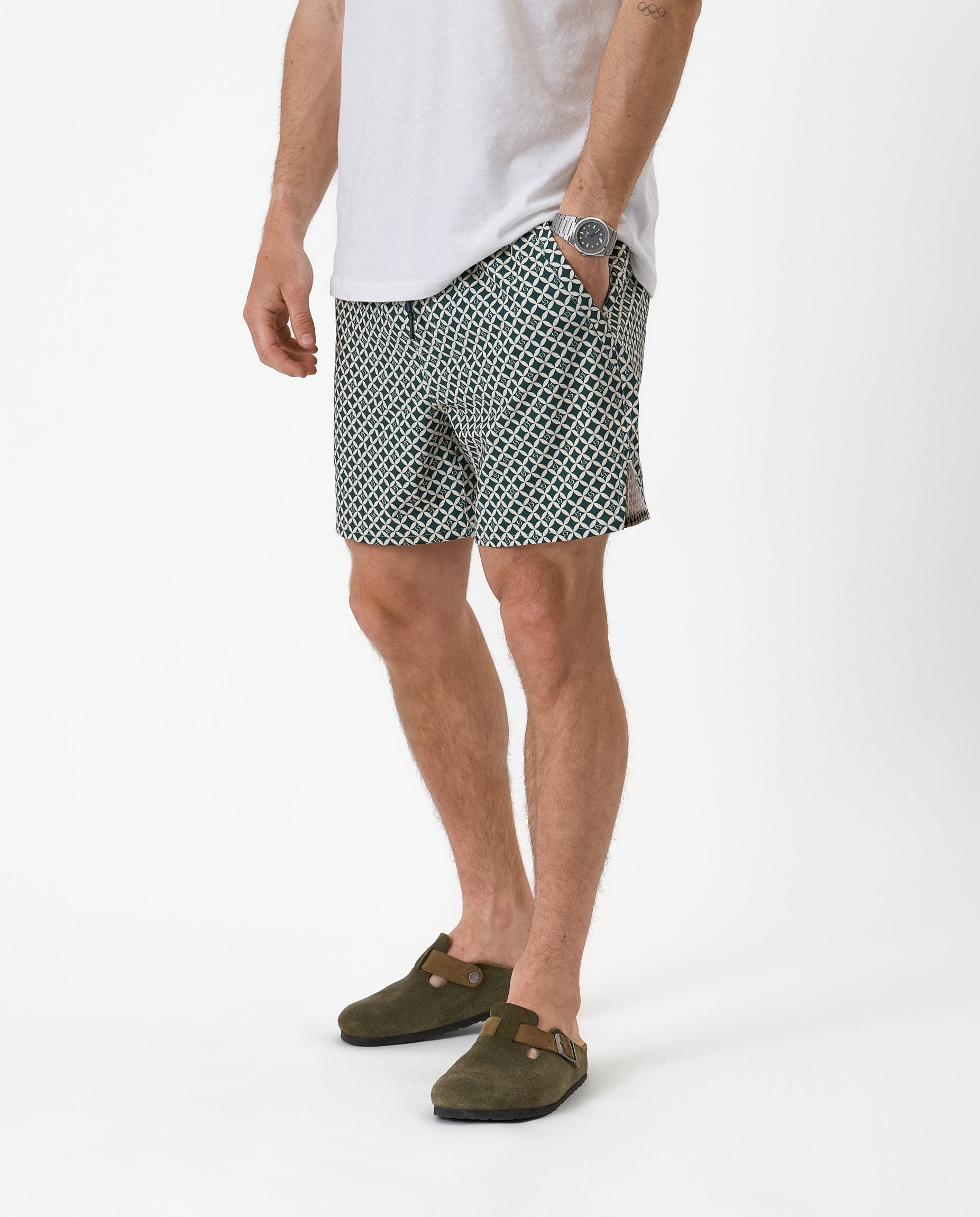 The Shorts in tile — worn with a white t-shirt and olive green clogs