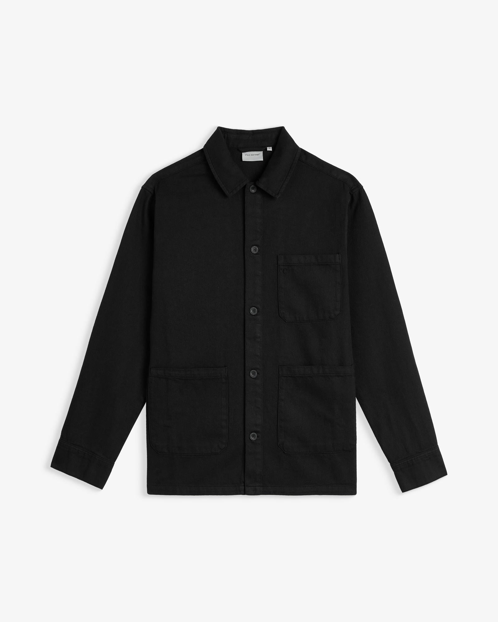 The Workwear Overshirt in black — front view with chest and hip patch pockets