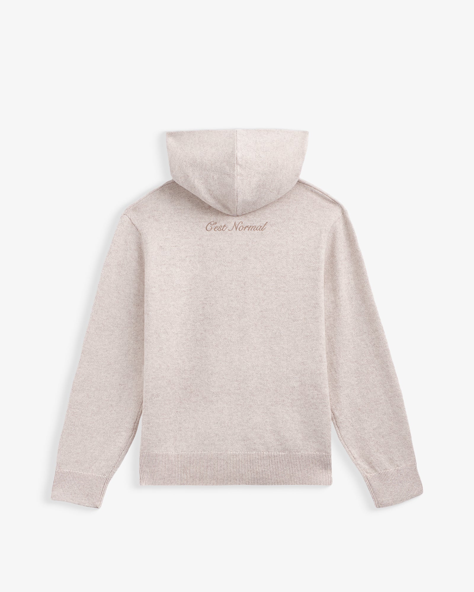 The Toulouse Hoodie in beige — back view showing C'est normal branding on the back
