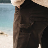 The Carpenter Pants in brown — close-up of the side pocket and hammer loop