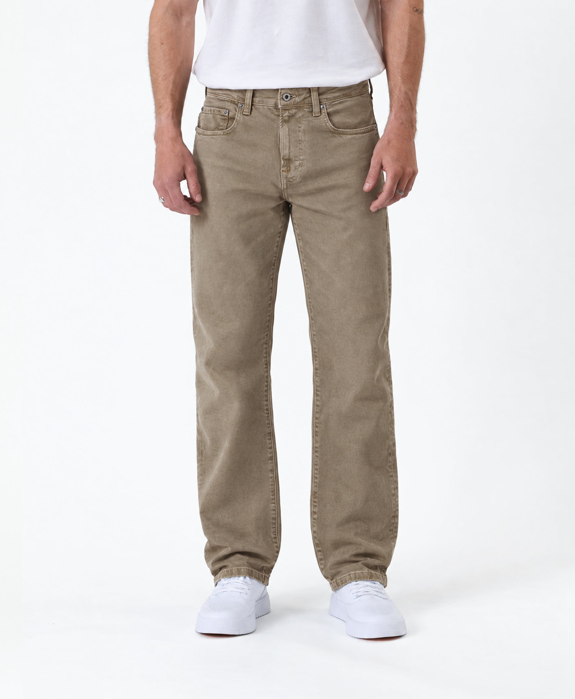 Motion 5 Pocket Classic Straight Pant in khaki green — front view worn with white sneakers