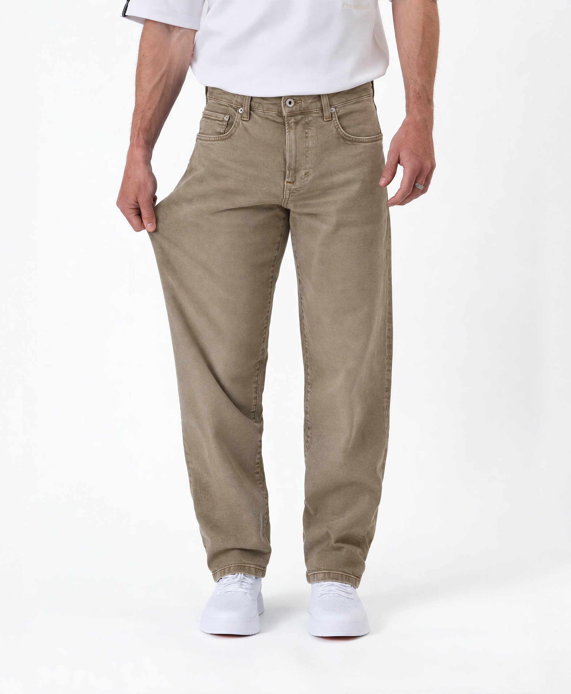 Motion 5 Pocket Classic Straight Pant in khaki beige — showing fabric stretch
