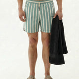 A front view of a model wearing The Shorts in Lombok Stripe on a white background. The image shows the quick-dry, 4-way stretch shorts featuring a drawstring waist, the c'est normal logo on the leg, and the model holding a black towel.