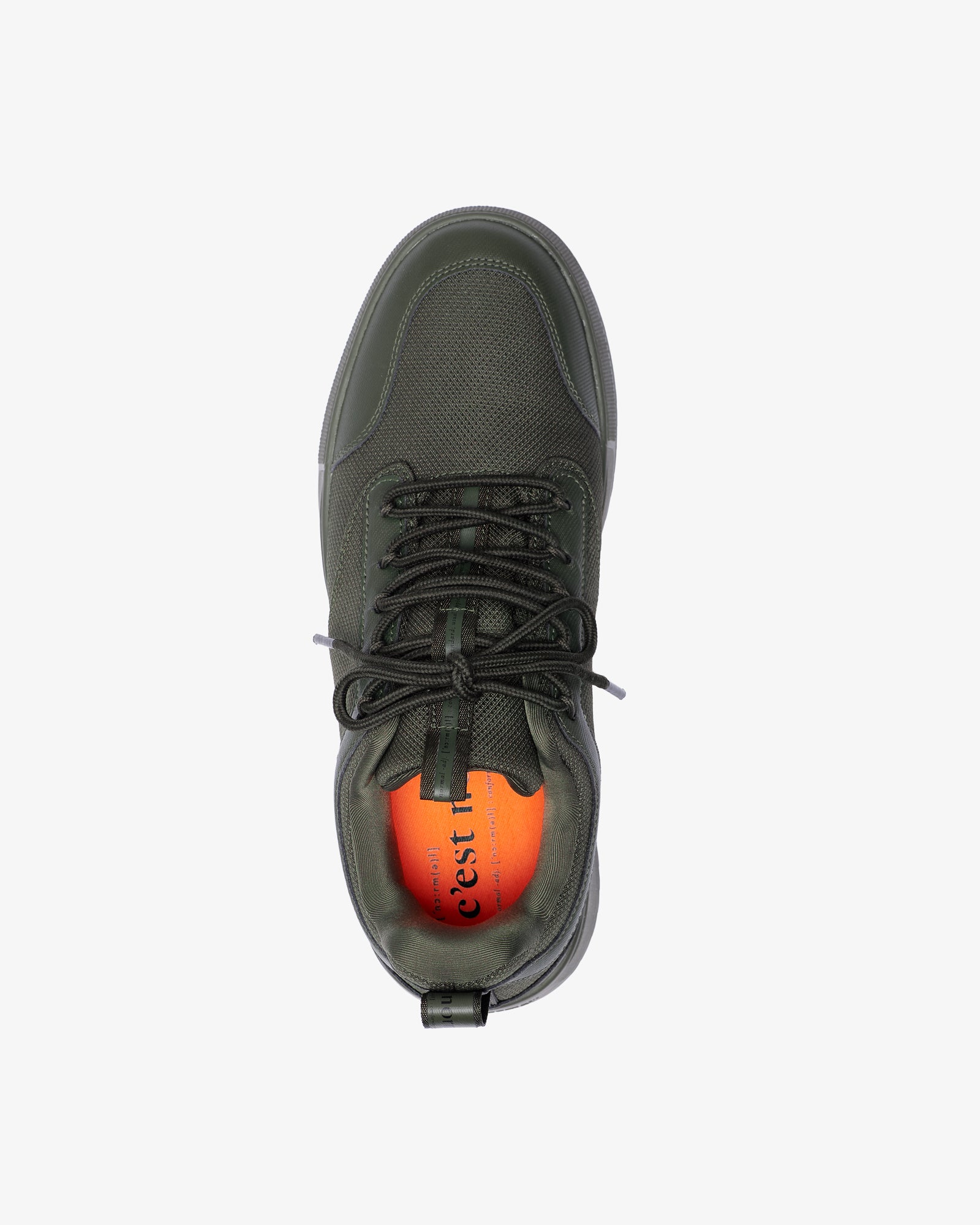 The Dynamic Waterproof Sneaker 2.0 Low in khaki — top view showing the orange insole